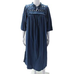 V.De.Vinster Womens Cotton Pleated Ruffle Detail 3/4 Sleeve Dress Blue Size M